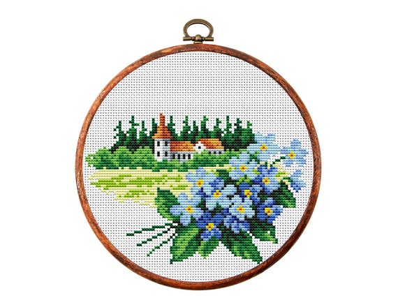 　アンティーク クロスステッチ 刺繍布 花柄 ヴィンテージクロスステッチパターン、風景、花、夏、アンティーク