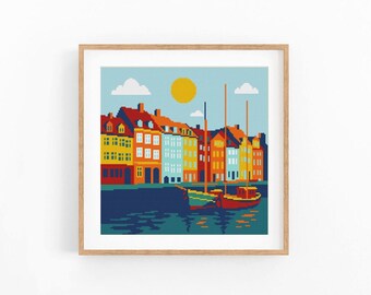 Copenhagen Harbor Cross Stitch Pattern, European Cityscape Chart, Instant Download PDF