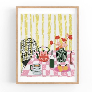 Korsstygnsmönster för matbord, abstrakt konstverk, affischdesign för kaffe, modernt korsstygnsmönster, korsstygnsdiagram, direktnedladdning i PDF-format