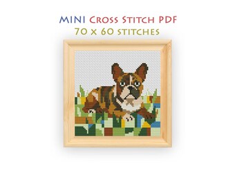 Brindle French Bulldog Mini Cross Stitch Pattern, Beginner Garden Dog Chart, Instant Download PDF