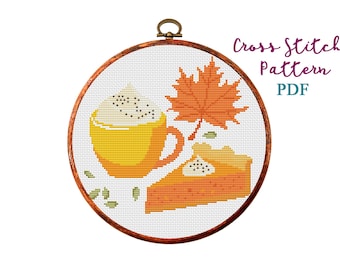 Pumpkin Spice Latte Coffee with Pie Cross Stitch Pattern: Thanksgiving Autumn X-stitch (Instant Download PDF)