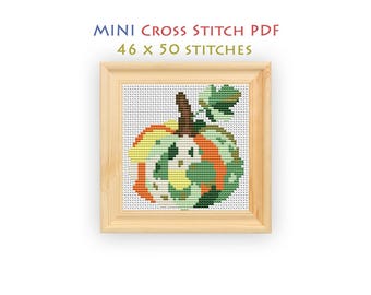 Green Pumpkin Cross Stitch Pattern, Mini Harvest Chart for Beginners, Orange Accent Embroidery PDF, Instant Download