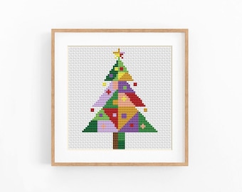 Christmas Tree Mini Cross Stitch Pattern, Patchwork Ornament Chart, Modern Holiday Embroidery, no AI design, Instant Download PDF