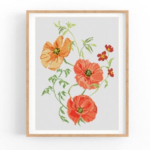 Wilde bloemen. Modern kruissteekpatroon. Getelde kruissteekkaart. Geborduurd natuurrode klaproos, x-steek. Pdf direct downloaden