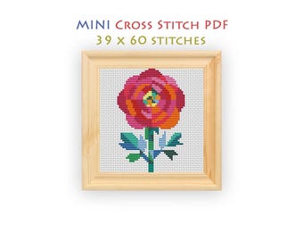 Ranunculus Flower Cross Stitch Pattern, Mini Multicolor Chart, Easy Beginner PDF, Abstract Floral Instant Download