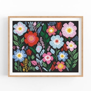 Wilde bloemen. Modern kruissteekpatroon. Getelde kruissteekkaart met bloemen. Borduurwerk met natuurplanten. Eenvoudige x-stitch. Pdf direct downloaden