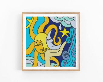 Sonne und Mond Kreuzstich Muster, Celestial Love Konzept Wand Kunst, DMC Farben, Sofort Download, digitale Datei