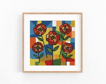 Poppy Bouquet Cross Stitch Pattern, Geometric Grid Chart, Instant Download PDF