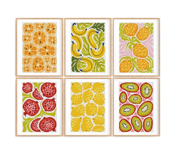 Set of 6 Modern Fruit Cross Stitch Patterns, Abstract Nature Cross