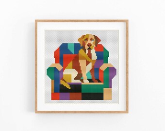 Retriever Dog Cross Stitch Pattern, Geometric Armchair Chart, Beginner Friendly, Instant Download PDF