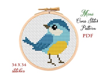 Mini Cross Stitch Pattern. Little bird. Counted cross stitch chart. Bird hoop art embroidery. Tiny xstitch for beginner.Instant download PDF