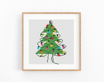 Christmas Lights Tree Cross Stitch Pattern, Colorful String Lights Chart, Modern Holiday Decor, Beginner Friendly, Instant Download PDF