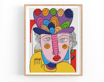 Cubist Flower Crown Portrait Cross Stitch Pattern, Colorful Abstract Face Chart, Large Modern Wall Art, Instant Download PDF