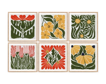 Set of 6 Modern Flowers Cross stitch patterns, Abstract nature cross stitch, Plant, Easy counted cross stitch chart. Instant download PDF