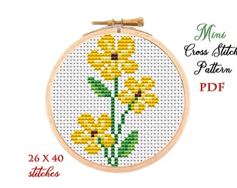 Mini Cross Stitch Pattern. Yellow Flowers. Counted cross stitch chart. Flower hoop art embroidery.Tiny xstitch beginner.Instant download PDF