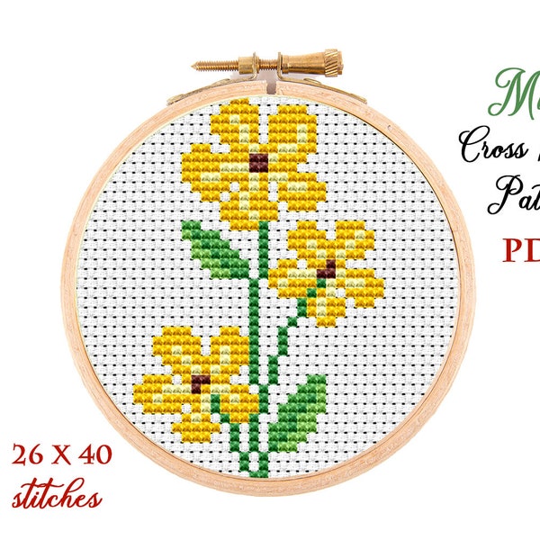 Mini Cross Stitch Pattern. Yellow Flowers. Counted cross stitch chart. Flower hoop art embroidery.Tiny xstitch beginner.Instant download PDF