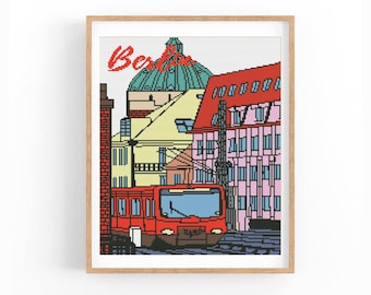 Berlin Cross Stitch Pattern. Modern Travel Poster Counted X-Stitch Chart. PDF Instant Download