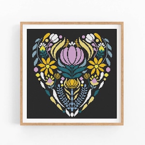 Padrão de ponto cruz moderno Flor Coração Amor, design de bordado para o Dia dos Namorados, gráfico de ponto cruz, ponto cruz para iniciantes, download instantâneo em PDF.