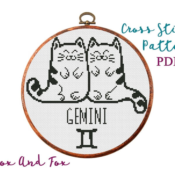 Zodíaco del gato. Geminis. Patrón de punto de cruz moderno. Gráfico de punto de cruz contado. Bordado de arte de aro. Astrología, gatito, gatito. Descarga instantánea en PDF