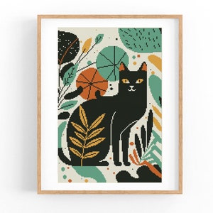 Black cat in leaves Cross Stitch Pattern, Plant Modern x-stitch Pattern, Cross Stitch Chart, Cat Lover Gift Pattern, Instant Download PDF