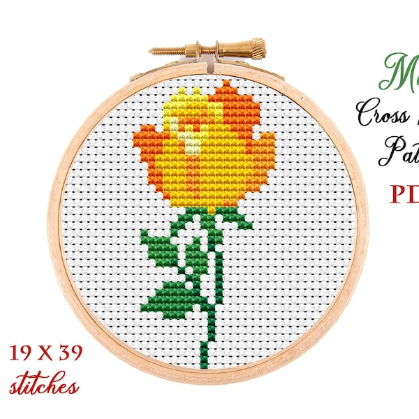 Mini Cross Stitch Pattern. Rose. Counted cross stitch chart. Flower hoop art embroidery. Tiny xstitch for beginner. Instant download PDF