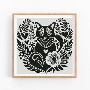 Patrón de punto de cruz de gato abstracto floral moderno, patrón de punto x negro, gráfico de punto de cruz, patrón de naturaleza de amor, descarga instantánea PDF