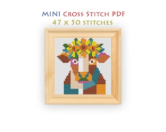 Cow Cross Stitch Pattern, Sunflower Wreath Chart for Beginners, Mini Instant Download PDF