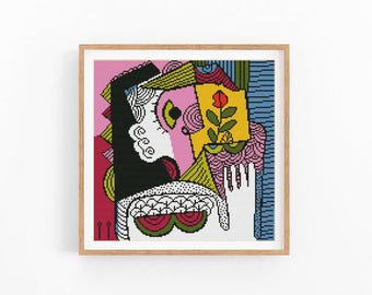 Large Cubist Profile Cross Stitch Pattern, Colorful Abstract Portrait Chart, Modern Wall Art, Beginner Friendly, Instant Download PDF