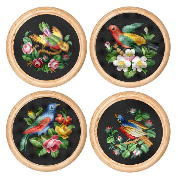 Set of 4 Vintage Cross Stitch Pattern, Flower Bird Rose Victorian, Antique Cross Stitch Design, Mini x-stitch pattern, Instant download PDF