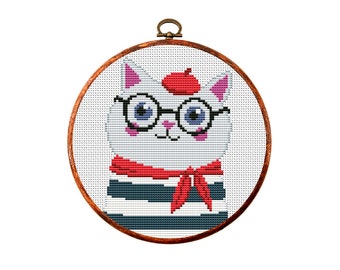 Cross Stitch Pattern, White cat in Paris style, Modern x-stitch Pattern, Cross Stitch Chart, Cat Lover Gift Pattern, Instant Download PDF