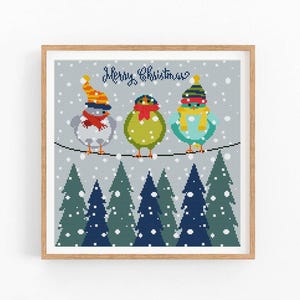 May include: A framed cross-stitch artwork featuring three colorful birds perched on a wire, wearing winter hats and scarves. The text "Merry Christmas" is above them, with a snowy forest scene below. The artwork is in a wooden frame.