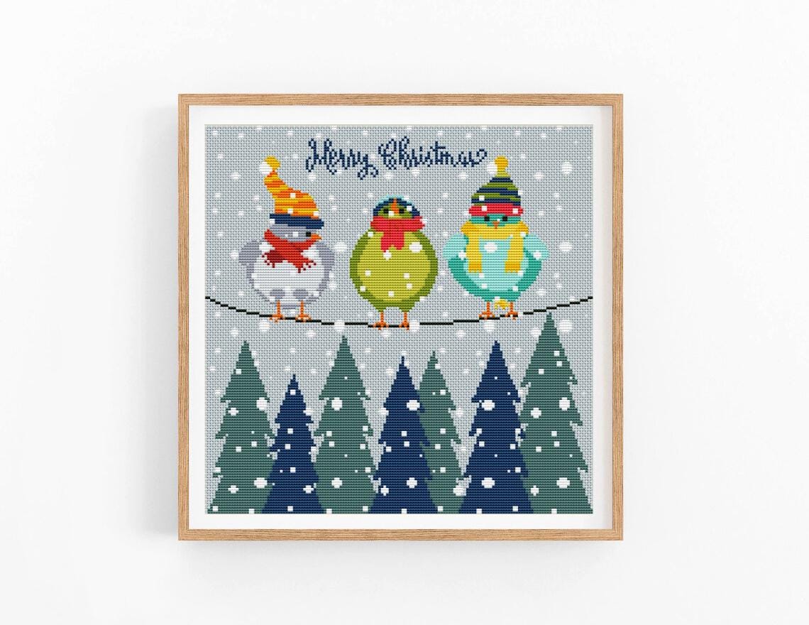 Christmas Cross Stitch Pattern,Christmas birds, Snow,Winter cross stitch chart,New Year xstitch,Instant download PDF,Pattern Keeper Friendly