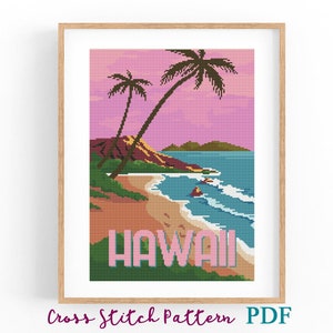 Patrón de punto de cruz de Hawái. Póster de viaje vintage. Gráfico de punto de cruz. Paisaje de EE. UU. Naturaleza. Descarga instantánea en PDF. Punto de cruz.