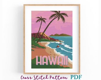 Hawaii Cross Stitch Pattern. Vintage Travel Poster. Counted Cross Stitch Chart. USA Landscape. Nature. PDF Instant Download. Point de croix.