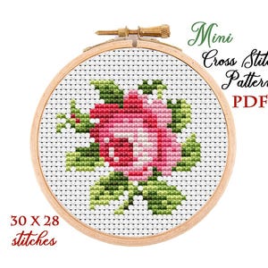 Mini-kruissteekpatroon. Rozen. Getelde kruissteekkaart. Bloem hoepel kunst borduurwerk. Kleine xstitch voor beginners. Pdf direct downloaden