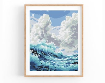 Ocean Waves Cross Stitch Pattern, Modern Landscape, Sea, Water x-stitch Pattern, Cross Stitch Chart, Nature Design, Instant Download PDF
