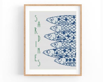 イワシ缶のクロスステッチパターン、イワシの食べ物アート、抽象的な魚缶のクロスステッチパターン、モダンなクロスステッチデザイン、PDFの即時ダウンロード