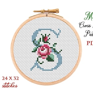 Letra S floral, mini patrón de alfabeto en punto de cruz, monograma floral, muestrario de punto de cruz contado, bordado inicial, descarga digital en PDF