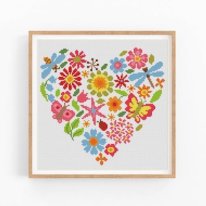 Modern kruissteekpatroon Flower Heart Love, Valentijnsdag borduurontwerp, kruissteekkaart, beginnerssteek, pdf direct te downloaden.