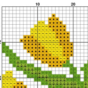 K&ouml;nnte beinhalten: Kreuzstichmuster mit einer gelben Blume mit schwarzen und gelben Sternen und gr&uuml;nen Bl&auml;ttern. Das Muster befindet sich auf einem wei&szlig;en Gitterhintergrund.