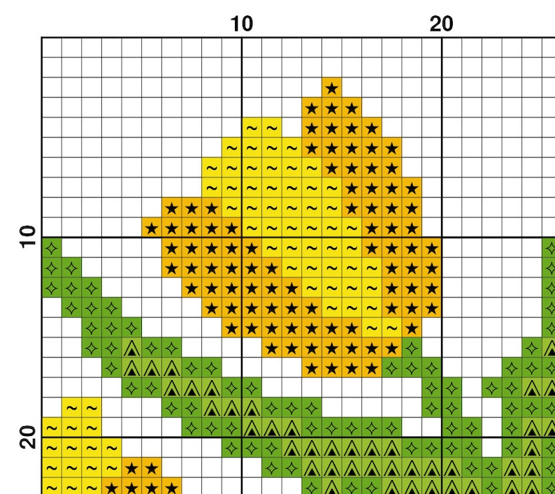 K&ouml;nnte beinhalten: Kreuzstichmuster mit einer gelben Blume mit schwarzen und gelben Sternen und gr&uuml;nen Bl&auml;ttern. Das Muster befindet sich auf einem wei&szlig;en Gitterhintergrund.