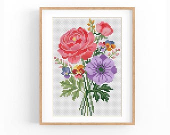 Peony, Anemone and Pansy Bouquet Cross Stitch Pattern, Instant Download PDF