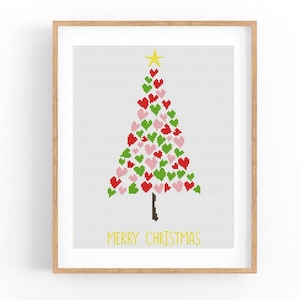 Merry Christmas Cross Stitch Pattern, Heart Modern Cross Stitch Pattern, Holidays Cross Stitch Pattern, Christmas Tree, Instant Download PDF