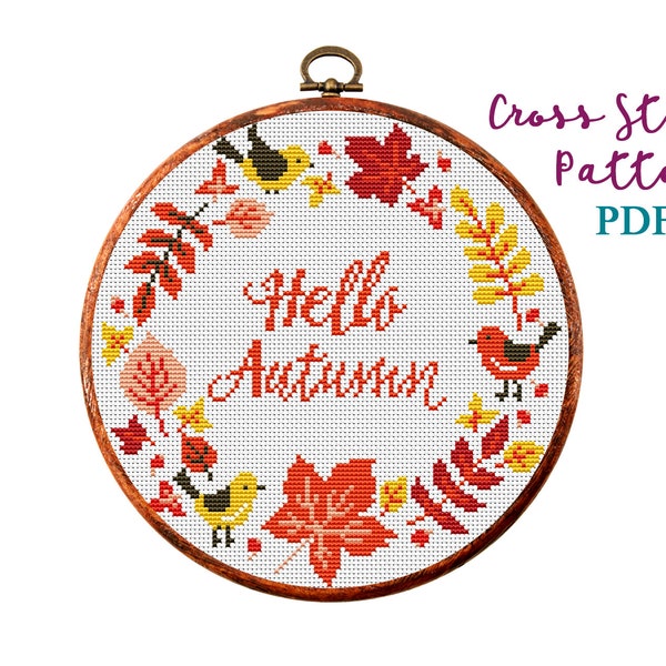 Autumn cross stitch pattern, Halloween, Fall cross stitch PDF, Thanksgiving, Fall Season Hand Embroidery. Modern counted cross stitch chart.