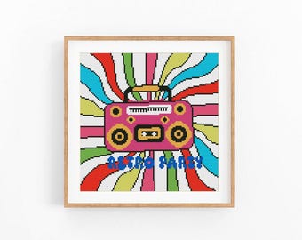 Retro Cassette Recorder Cross Stitch Pattern, Modern Artwork (Instant Download PDF)