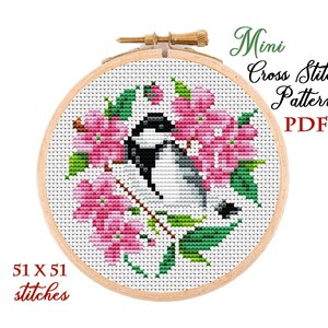 Mini Cross Stitch Pattern. Little bird. Counted cross stitch chart.Flower hoop art embroidery.Tiny xstitch for beginner.Instant download PDF