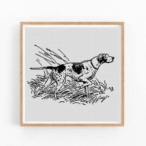 May include: Black and white illustration of a hunting dog running through tall grass.
