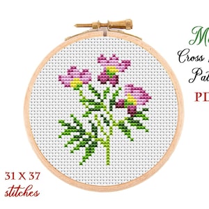 Mini Cross Stitch Pattern. Floral. Counted cross stitch chart. Flower hoop art embroidery. Tiny xstitch for beginner. Instant download PDF