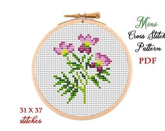 Mini Cross Stitch Pattern. Floral. Counted cross stitch chart. Flower hoop art embroidery. Tiny xstitch for beginner. Instant download PDF