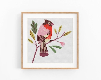 Cross stitch pattern bird. Modern bird on branch counted cross stitch chart. Nature birds embroidery. Small x-stitch. Instant download PDF.